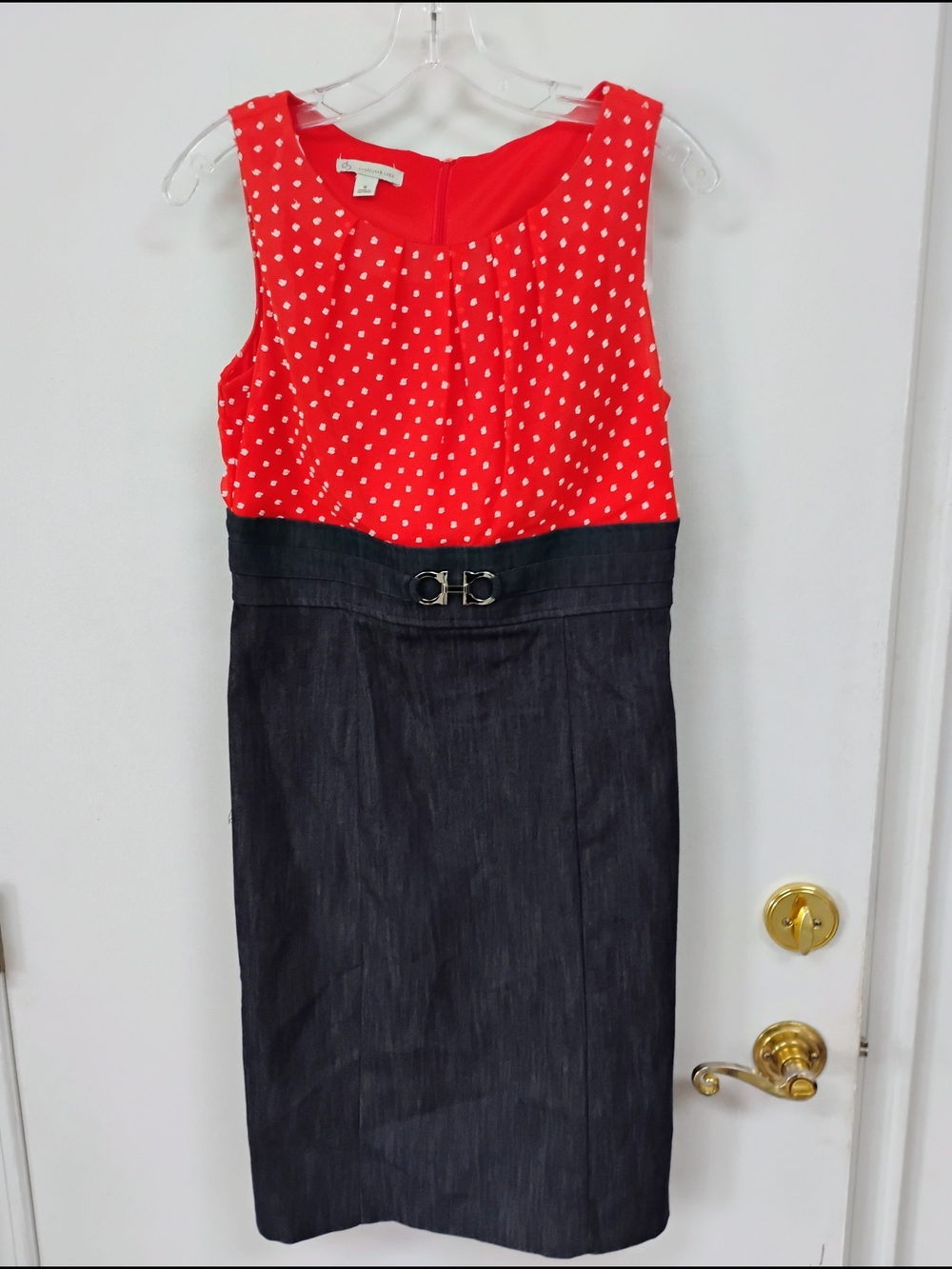 db Orange Polka Dot Denim Sheath Dress Size 6